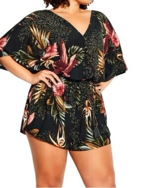City Chic Black Tropical Wrap Romper with Pink & Green Floral Print